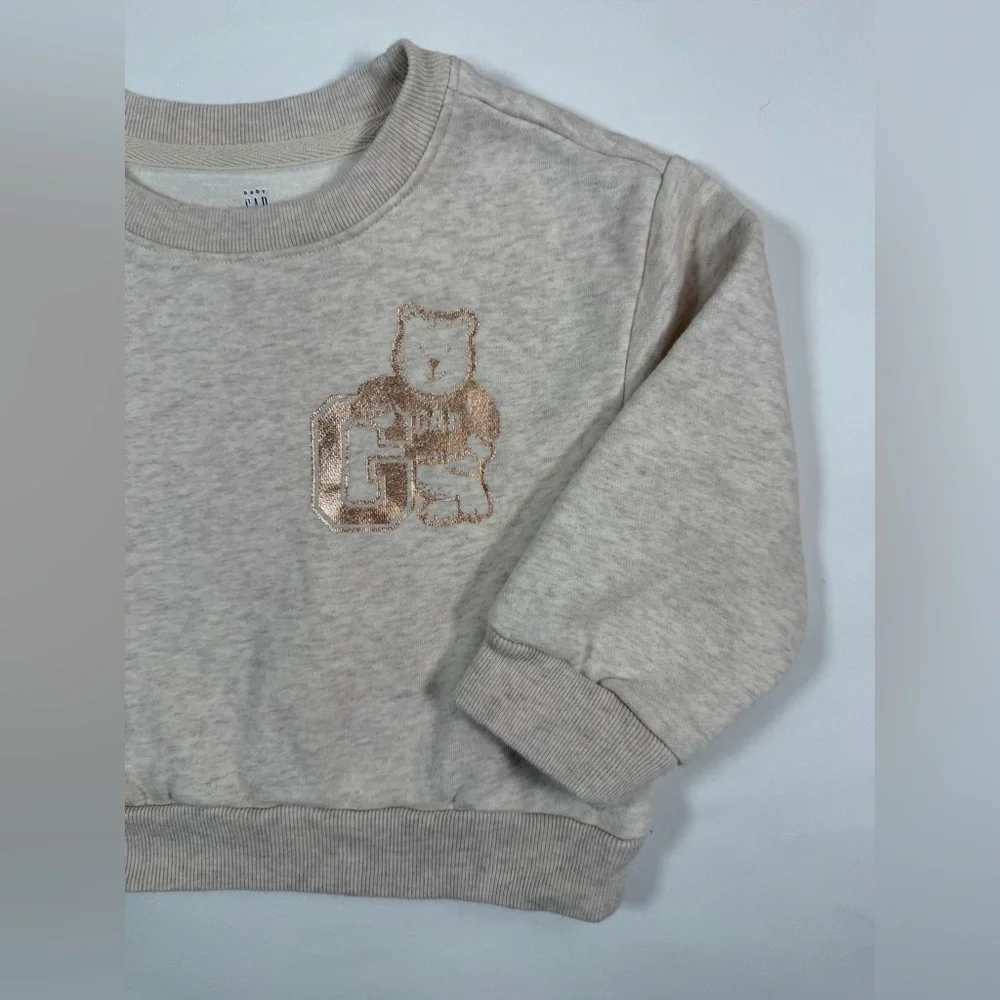 BABYGAP Toddler Metallic Bear‎ Novelty Logo Oatmeal Heather Beige Sweatshirt 3
